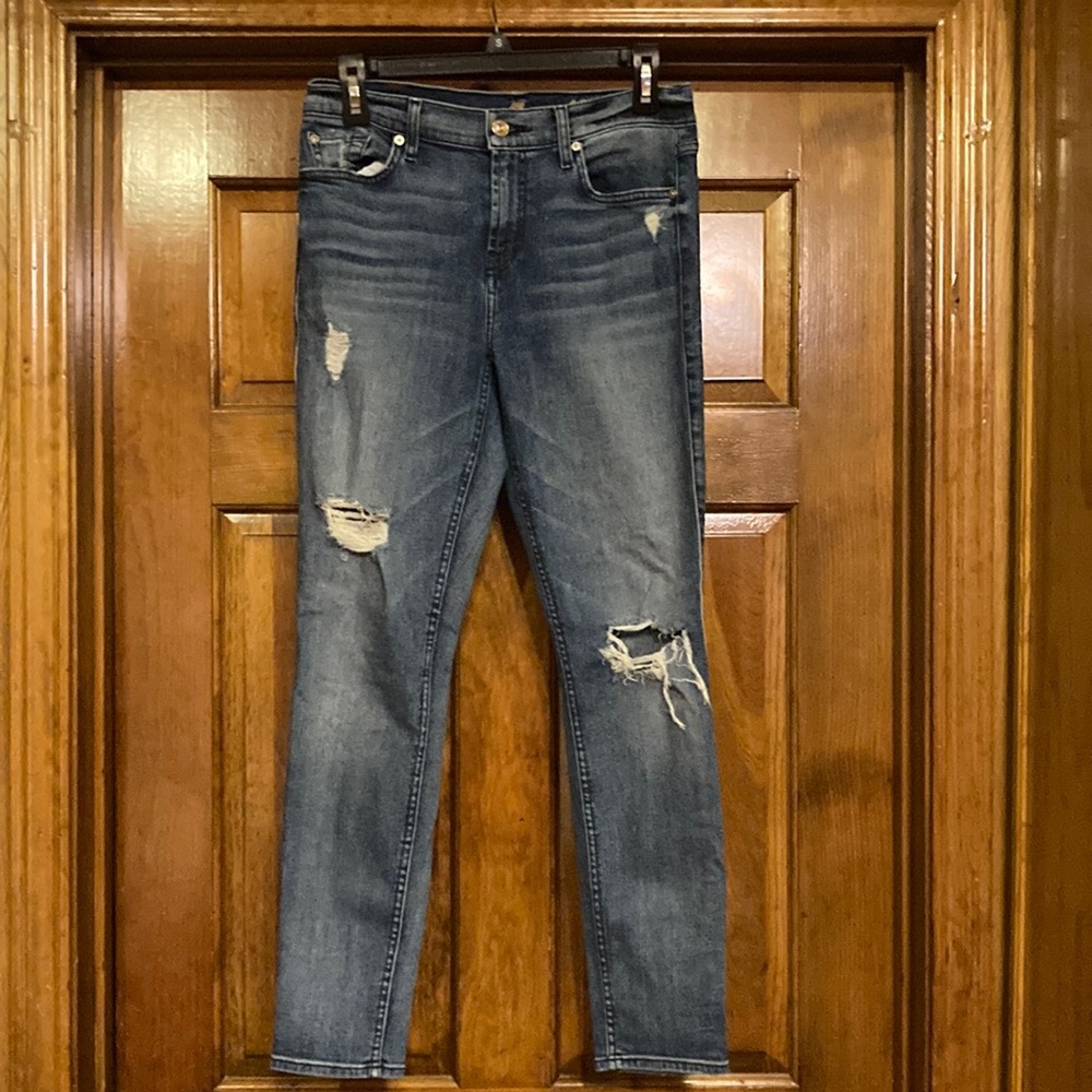 7 for all Mankind size 29 Skinny Ankle Medium Wash Destoyed Jeans (ABBA) - Picture 1 of 11